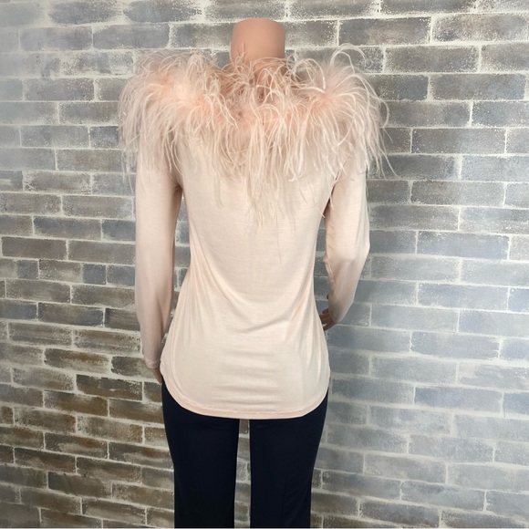 Boston Proper Ostrich Feather Trimmed Pale Pink Long Sleeve Pull Over Size M - Picture 7 of 13